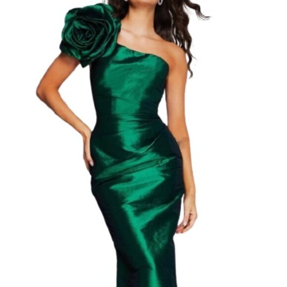 NWT Jovani 40206SC One Shoulder Evening Dress Hunter Size 20